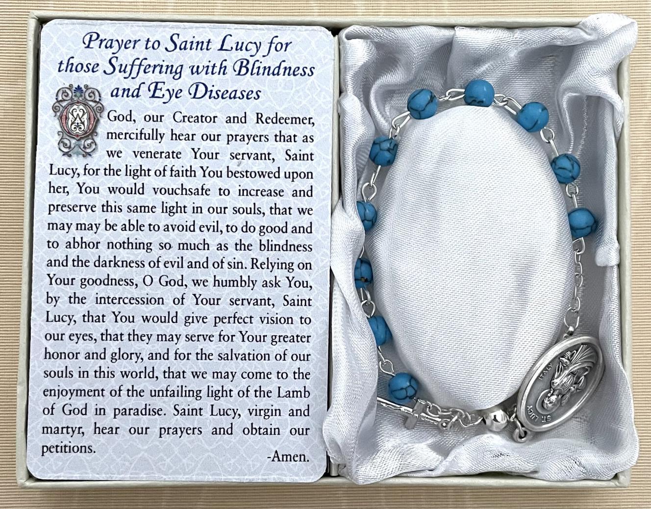 Saint Lucy-Eye Diseases Healing Bracelet. Gemstone Rosary Bracelet with Oxidized Medal and Prayer Card with Healing Prayer on Back. Gift Boxed