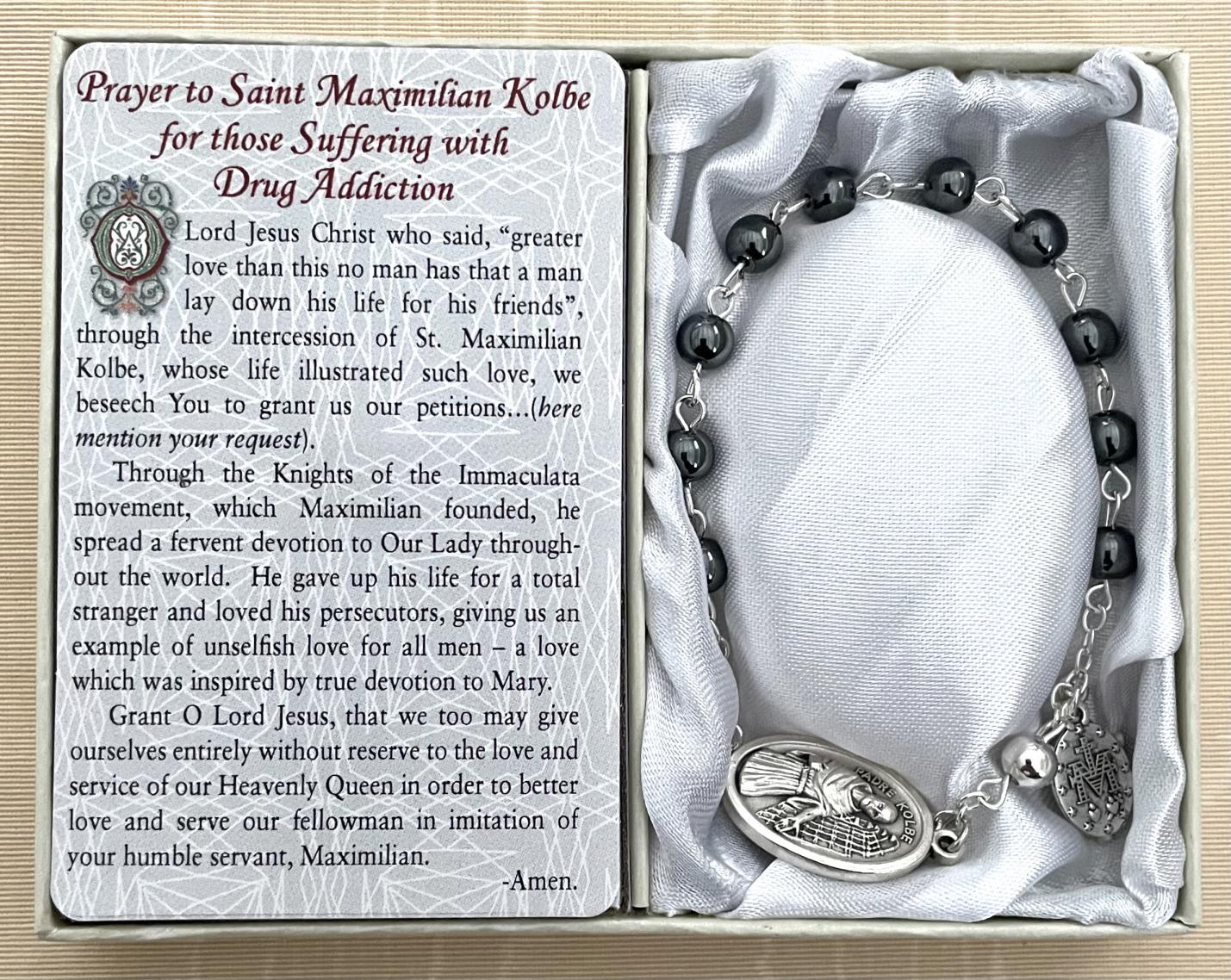 Saint Maximilian Kolbe-Drug Addiction Healing Bracelet. Gemstone Rosary Bracelet with Oxidized Medal and Prayer Card with Healing Prayer on Back. Gift Boxed