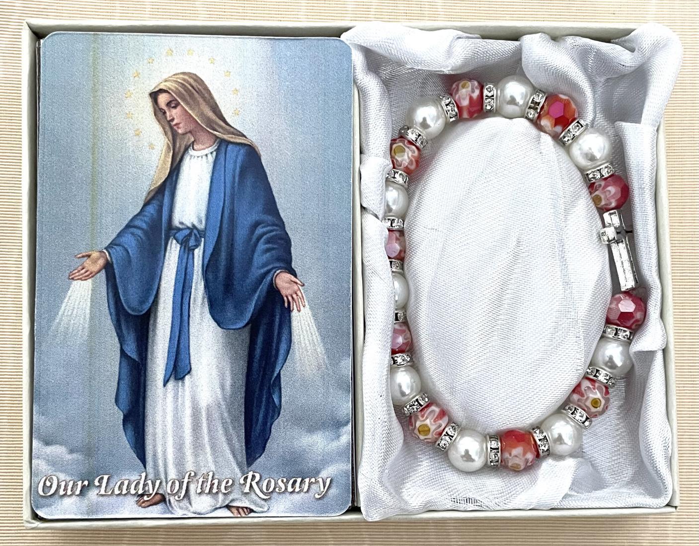 Ruby Murano Glass Bracelet Gift Boxed with Pray the Rosary Prayer Card. 