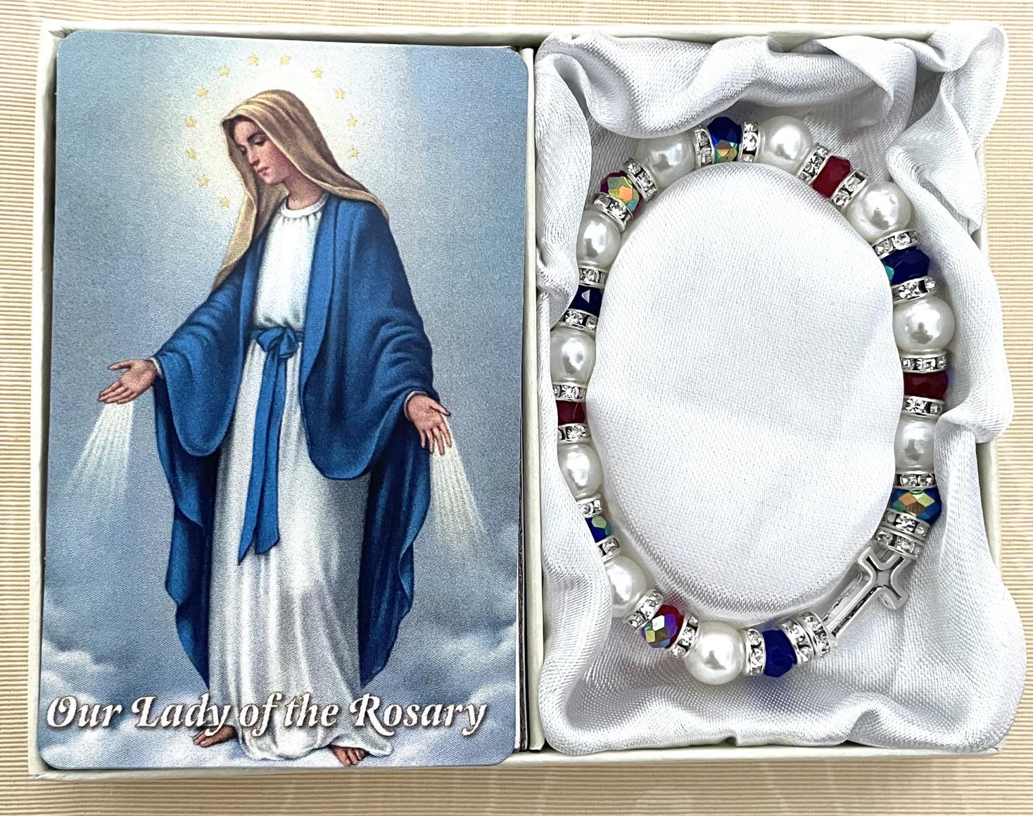 Ruby/Sapphire/Pearl Bracelet Gift Boxed with Pray the Rosary Prayer Card. 