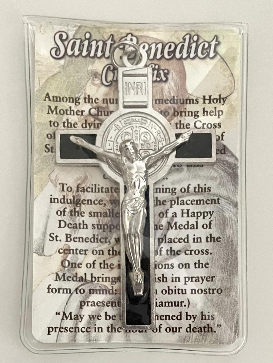 3 in Black Enameled Saint Benedict Cross with Prayer Card in Pouch