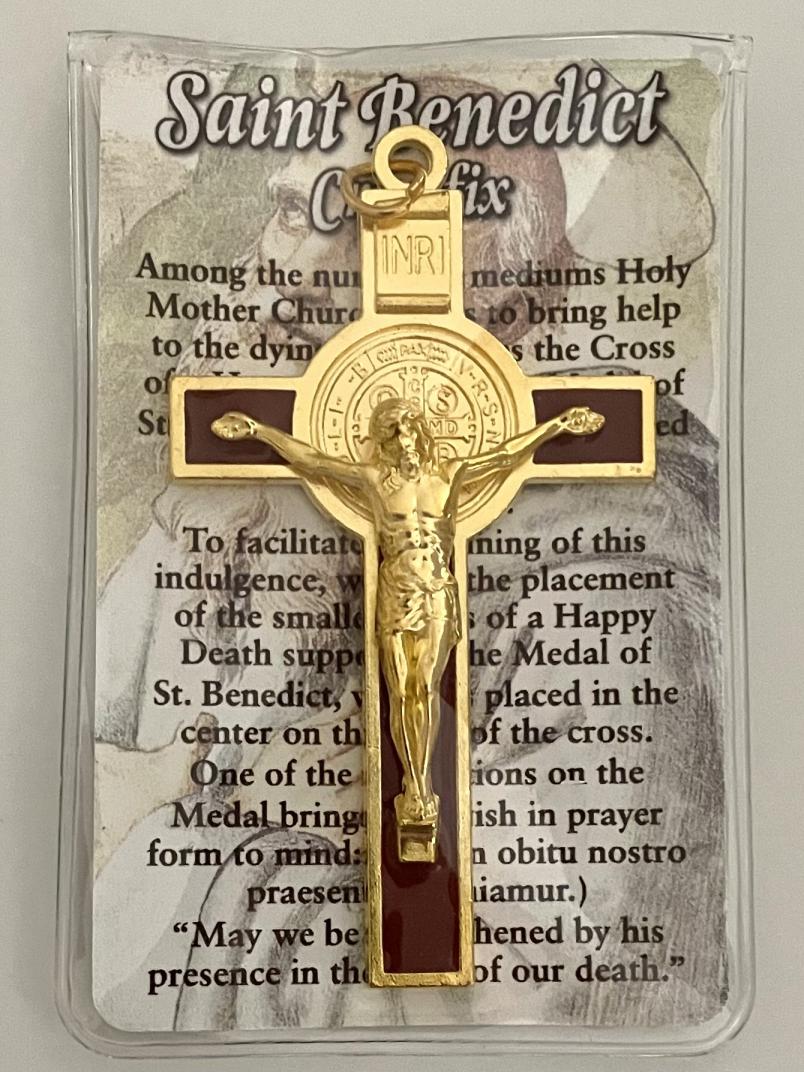 3 in Brown Enameled Saint Benedict Cross with Prayer Card in Pouch