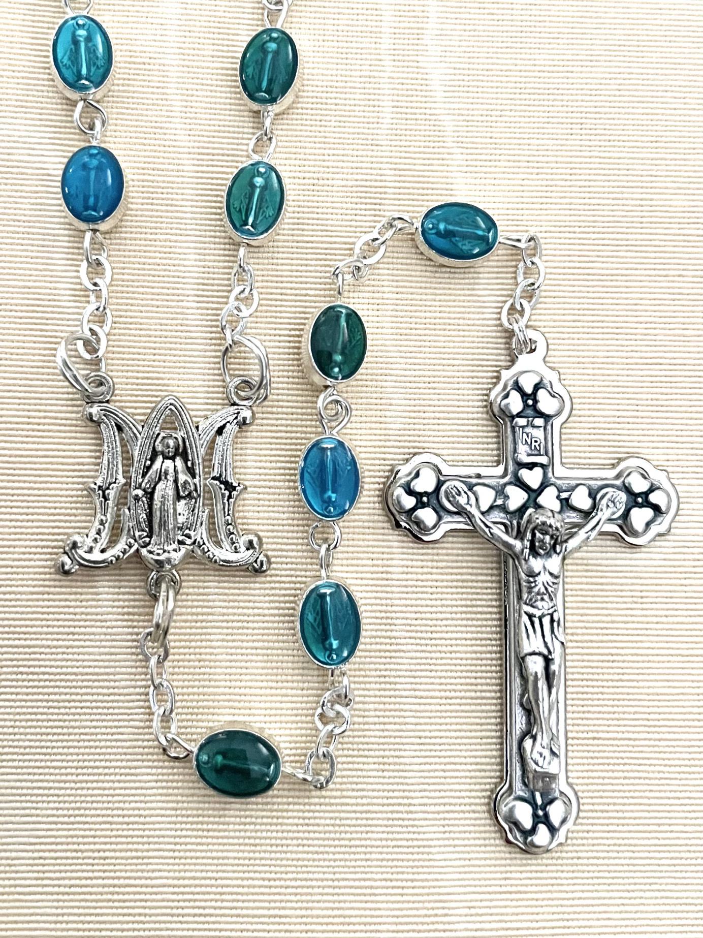 OVAL ENAMELED SILVER OX MIRACULOUS MEDAL ROSARY