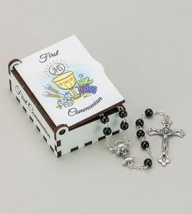 COMMUNION WOOD BOX WITH BLACK ROSARY