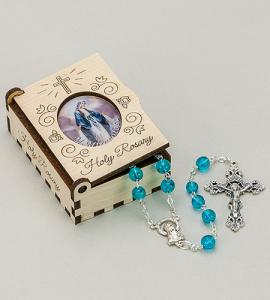 OUR LADY OF GRACE NATURAL WOOD BOX WITH ROSARY