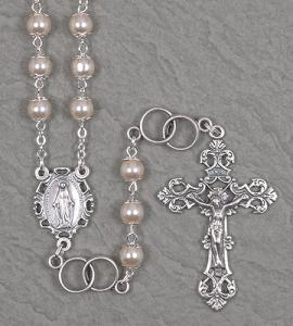 7mm DOUBLE CAPPED PEARL WEDDING ROSARY WITH DOUBLE RING OUR FATHER BEADS