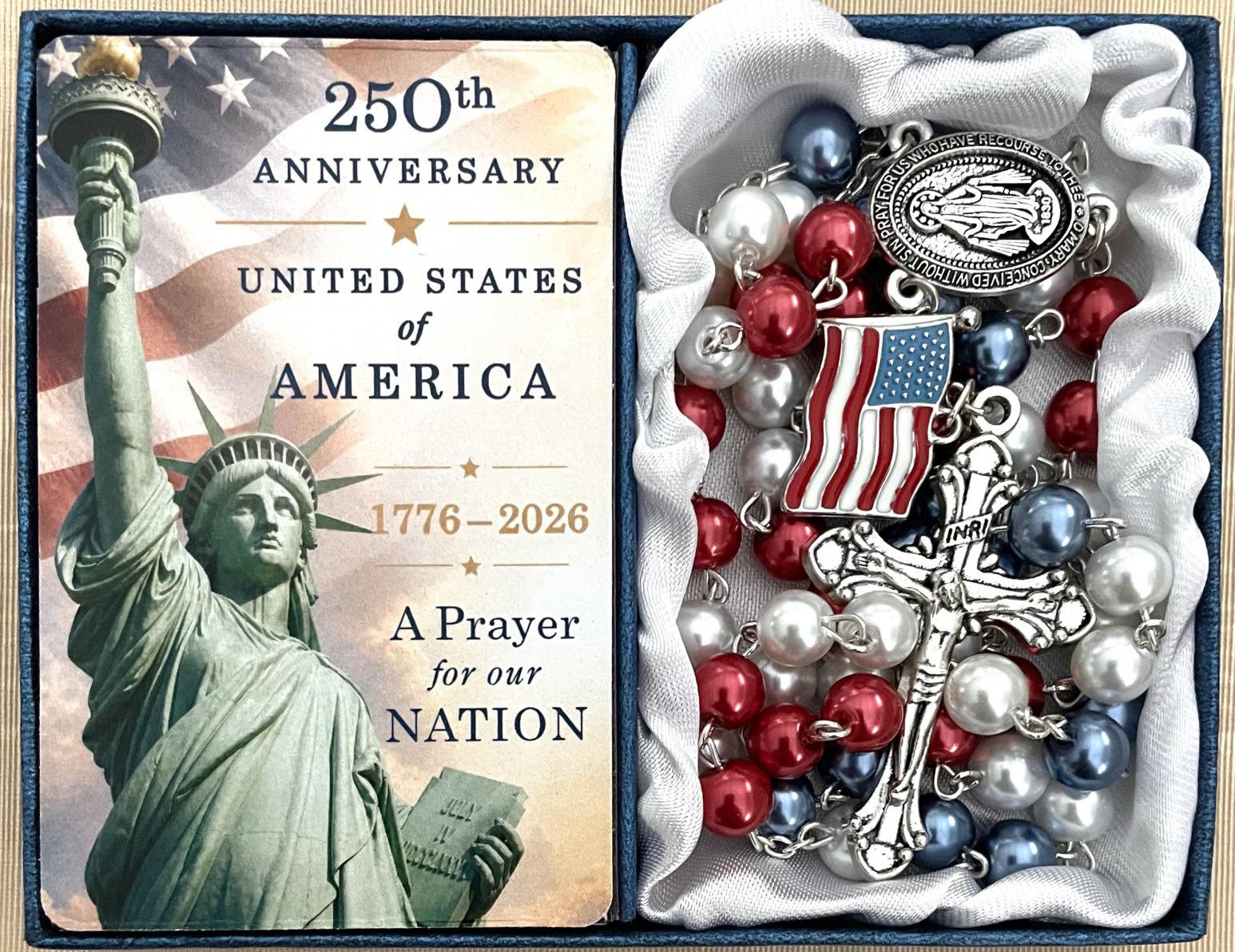 250 Anniversary USA 8mm Pearl Rosary Gift Boxed with Prayer Card