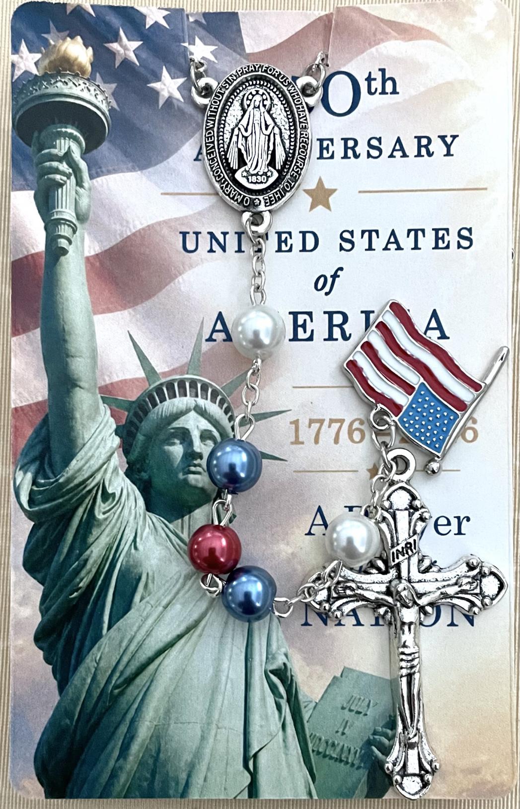 250th Anniversary USA 8mm Pearl Rosary Carded with Prayer on back in Hanging Display Bag 250th Anniversary USA 8mm Pearl Rosary Carded with Prayer on back in Hanging Display Bag