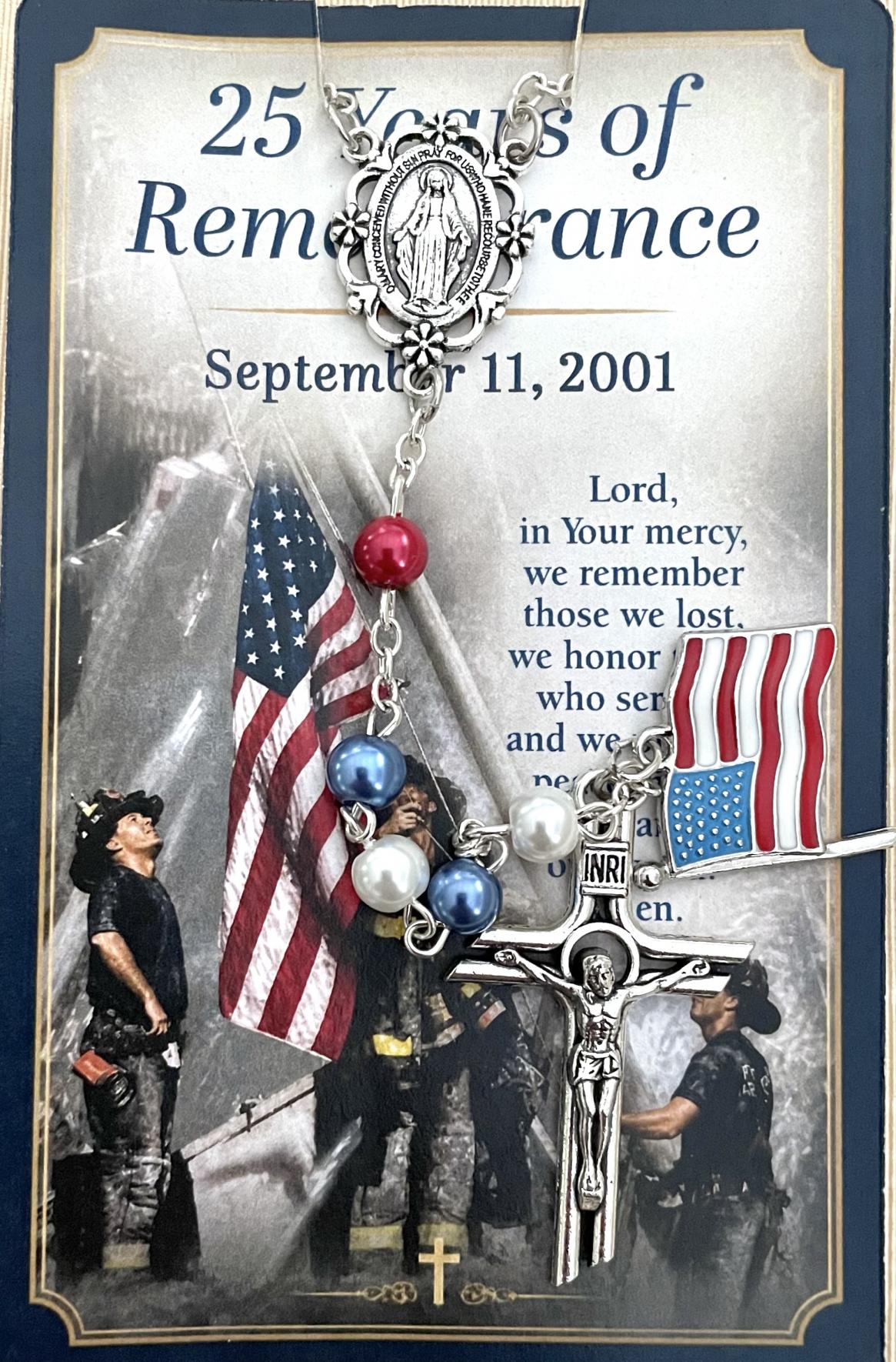9/11 25th Anniversary 6mm Pearl Rosary Carded with Prayer on back in Hanging Display Bag 9/11 25th Anniversary 6mm Pearl Rosary Carded with Prayer on back in Hanging Display Bag