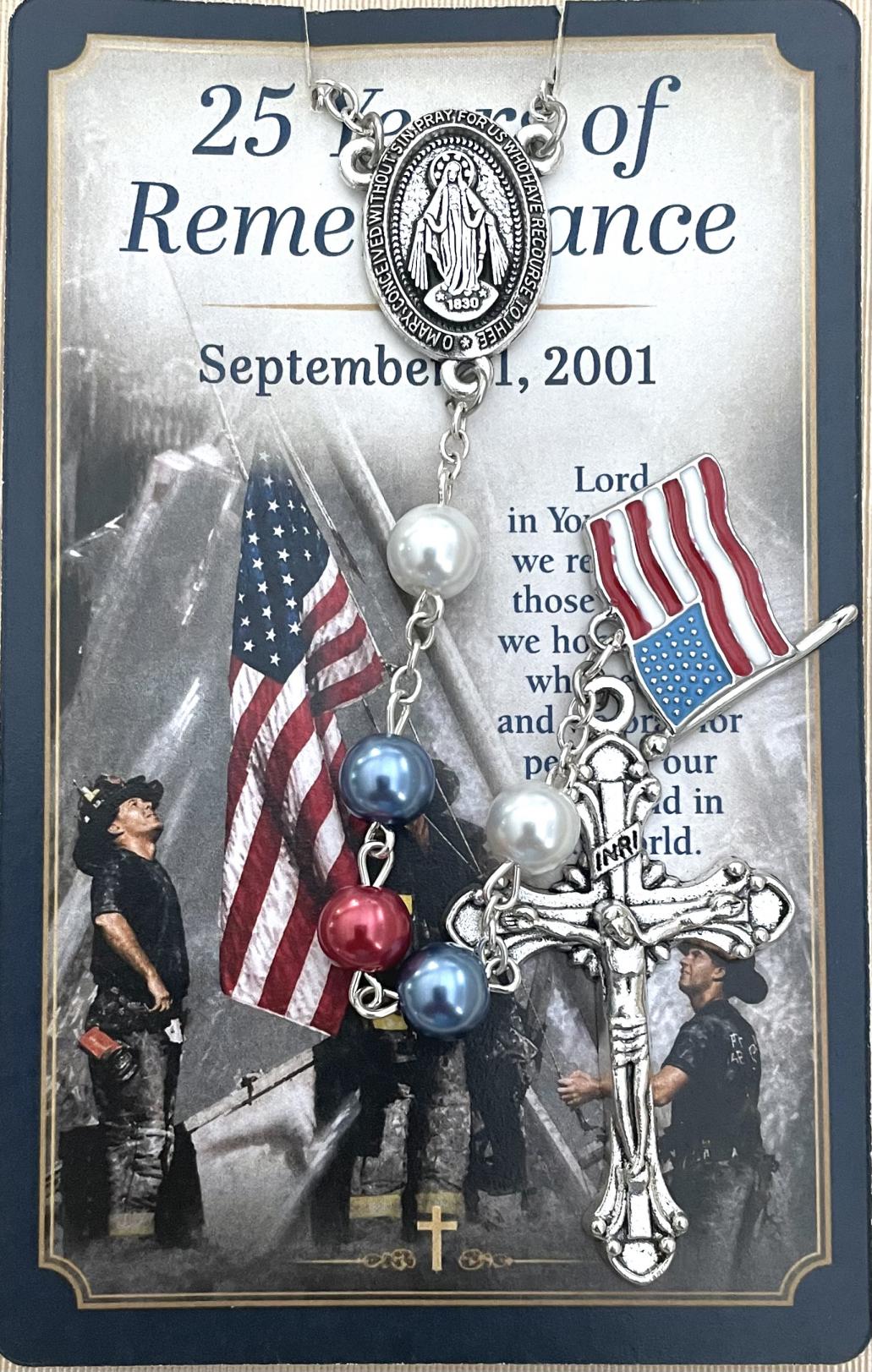 9/11 25th Anniversary 8mm Pearl Rosary Carded with Prayer on back in Hanging Display Bag 9/11 25th Anniversary 8mm Pearl Rosary Carded with Prayer on back in Hanging Display Bag