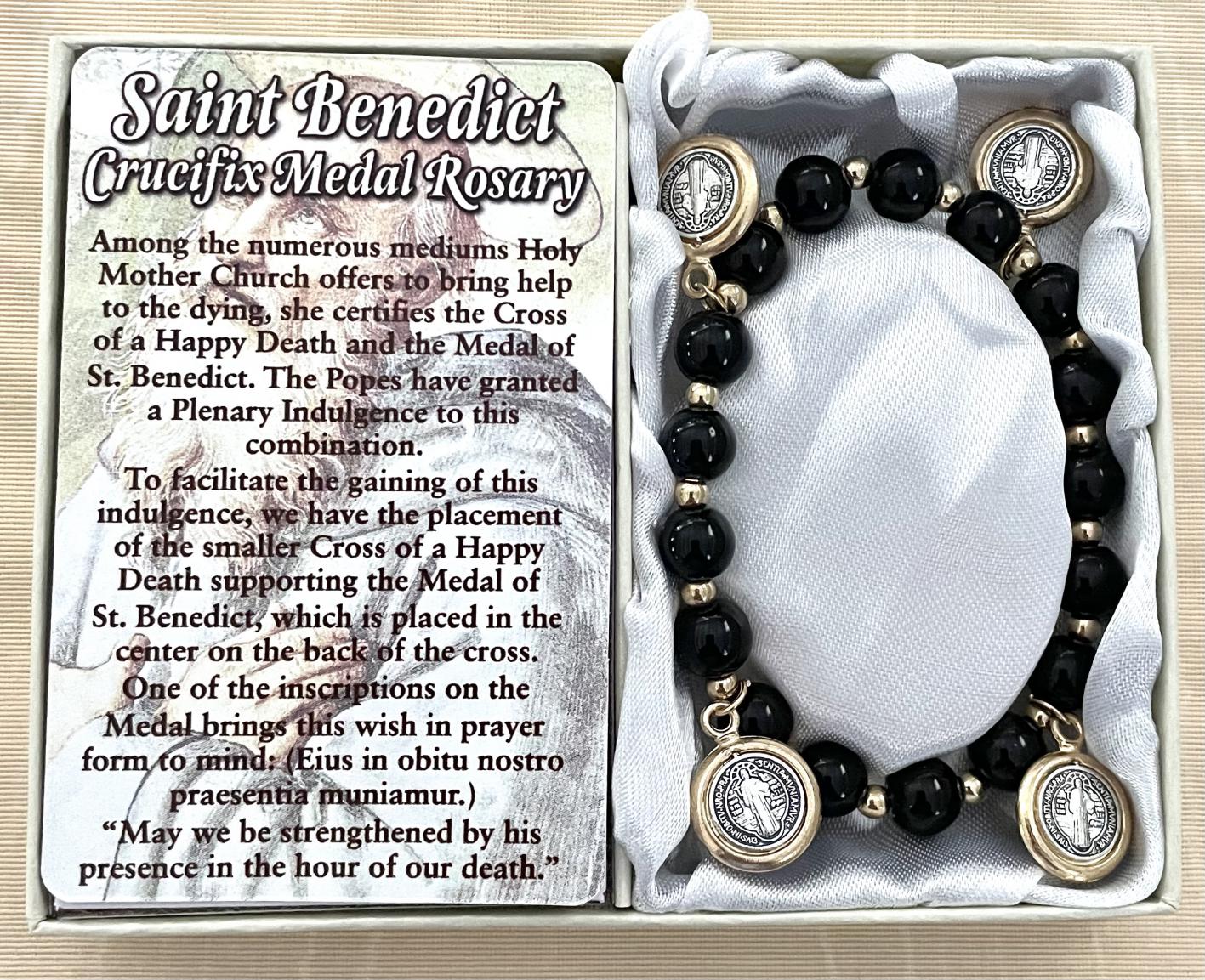 8mm St Benedict Bracelet with Dangling Medals Gift Boxed with Prayer Card