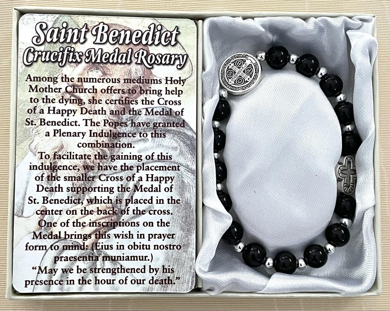 8mm St Benedict Rosary Bracelet with Medal and Cross Gift Boxed with Prayer Card
