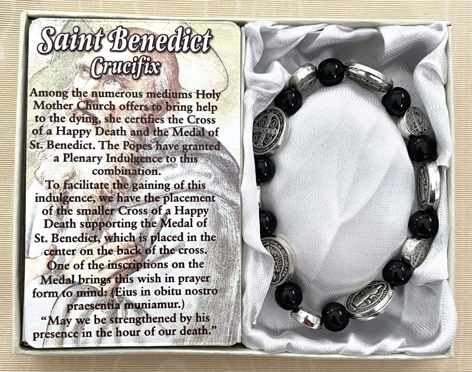 8mm St Benedict Bracelet with Oxidized Medals Gift Boxed with Prayer Card