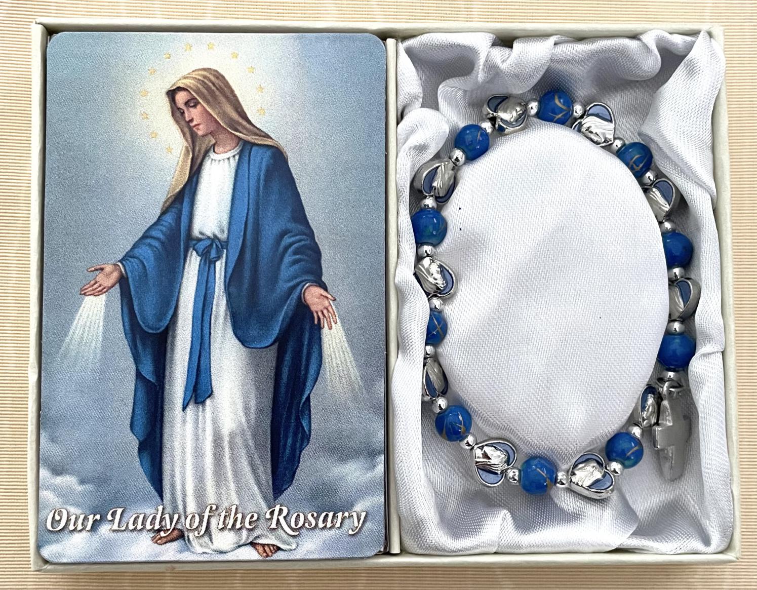 6MM SAPPHIRE BRACELET WITH MADONNA MEDALS WITH HOW TO SAY THE ROSARY PRAYER CARD GIFT BOXED