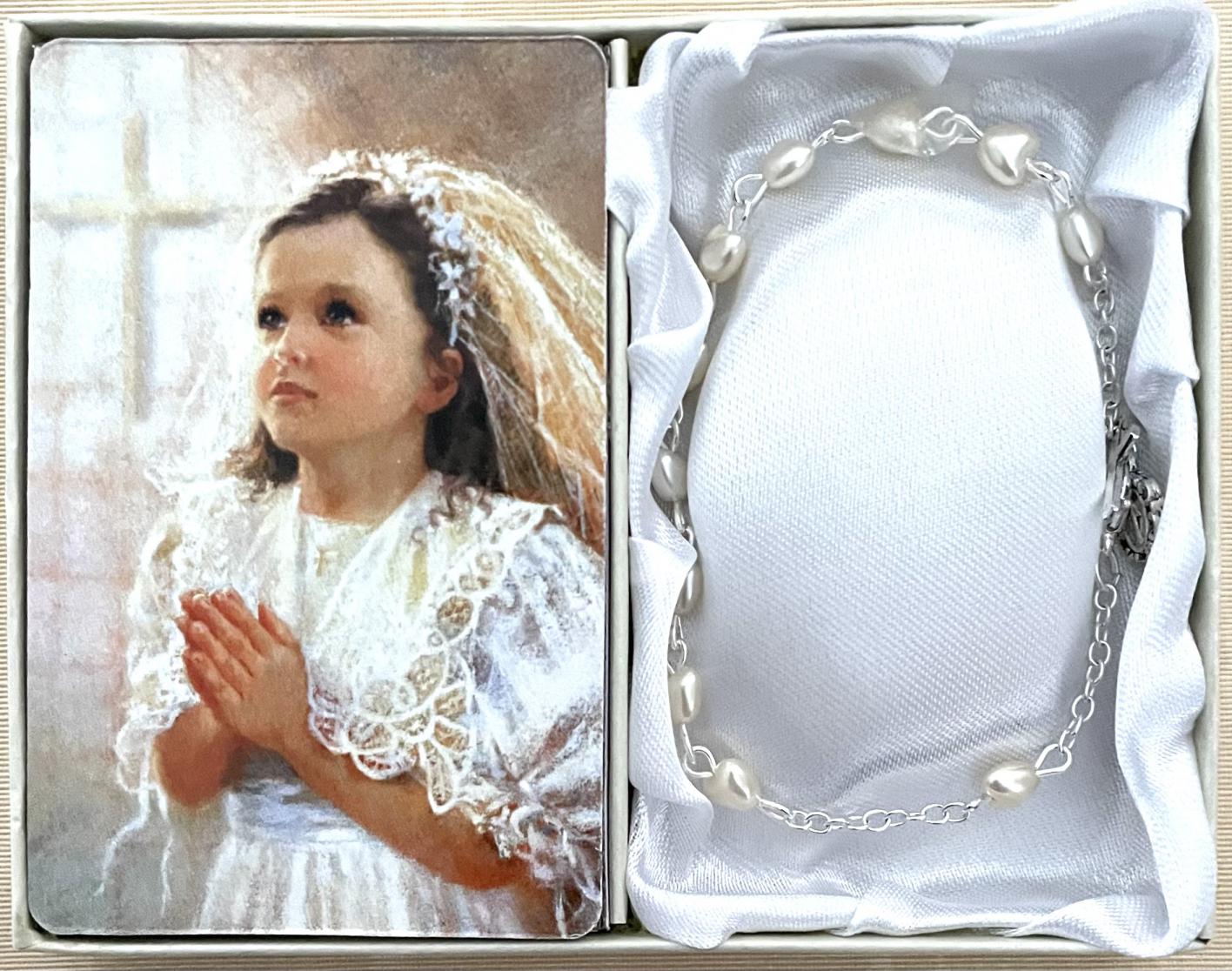 6x6mm Pearl Heart First Communion Rosary Bracelet Gift Boxed with Prayer Card that can be Personalized