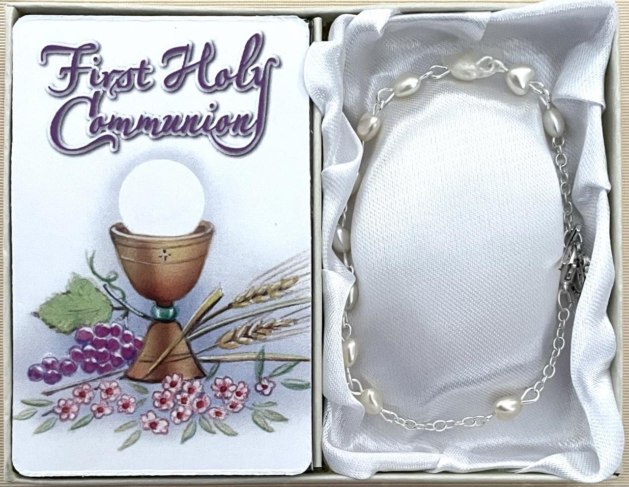 6x6mm Pearl Heart First Communion Rosary Bracelet Gift Boxed with Prayer Card that can be Personalized
