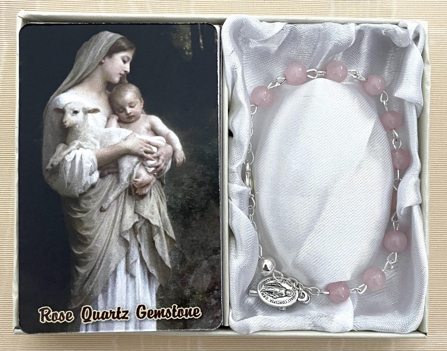 6mm Rose Quartz Genuine Gemstone Bracelet Gift Boxed with How to Say the Rosary Prayer Card 