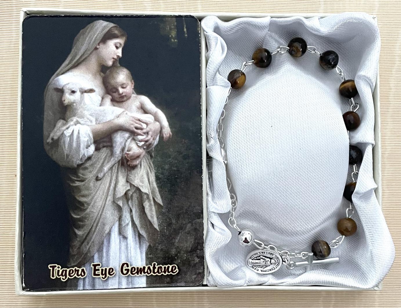 6mm Tigers Eye Genuine Gemstone Bracelet Gift Boxed with How to Say the Rosary Prayer Card 