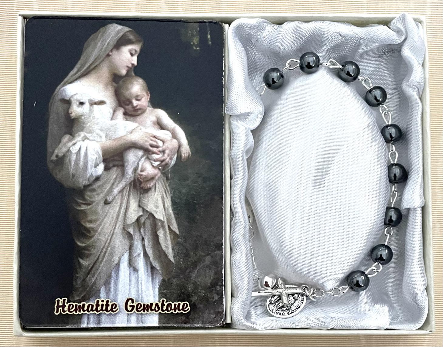 6mm Hematite Genuine Gemstone Bracelet Gift Boxed with How to Say the Rosary Prayer Card
