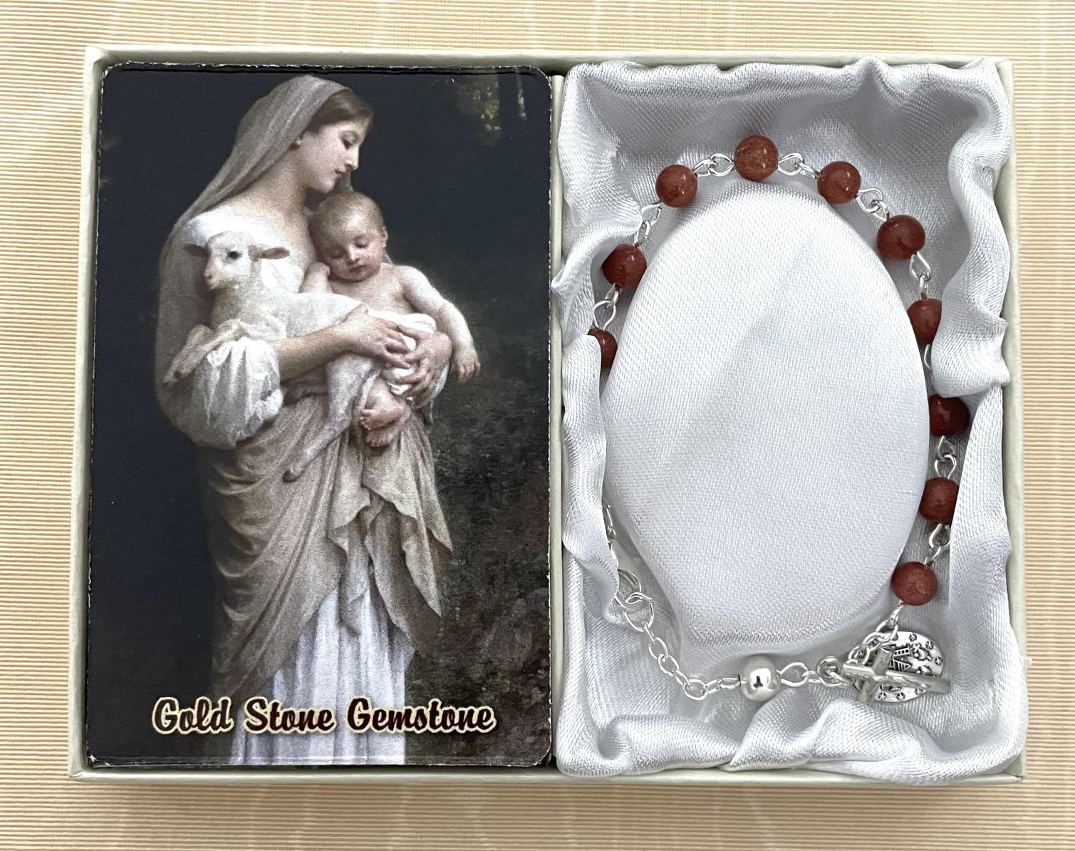 6mm Gold Stone Genuine Gemstone Bracelet Gift Boxed with How to Say the Rosary Prayer Card
