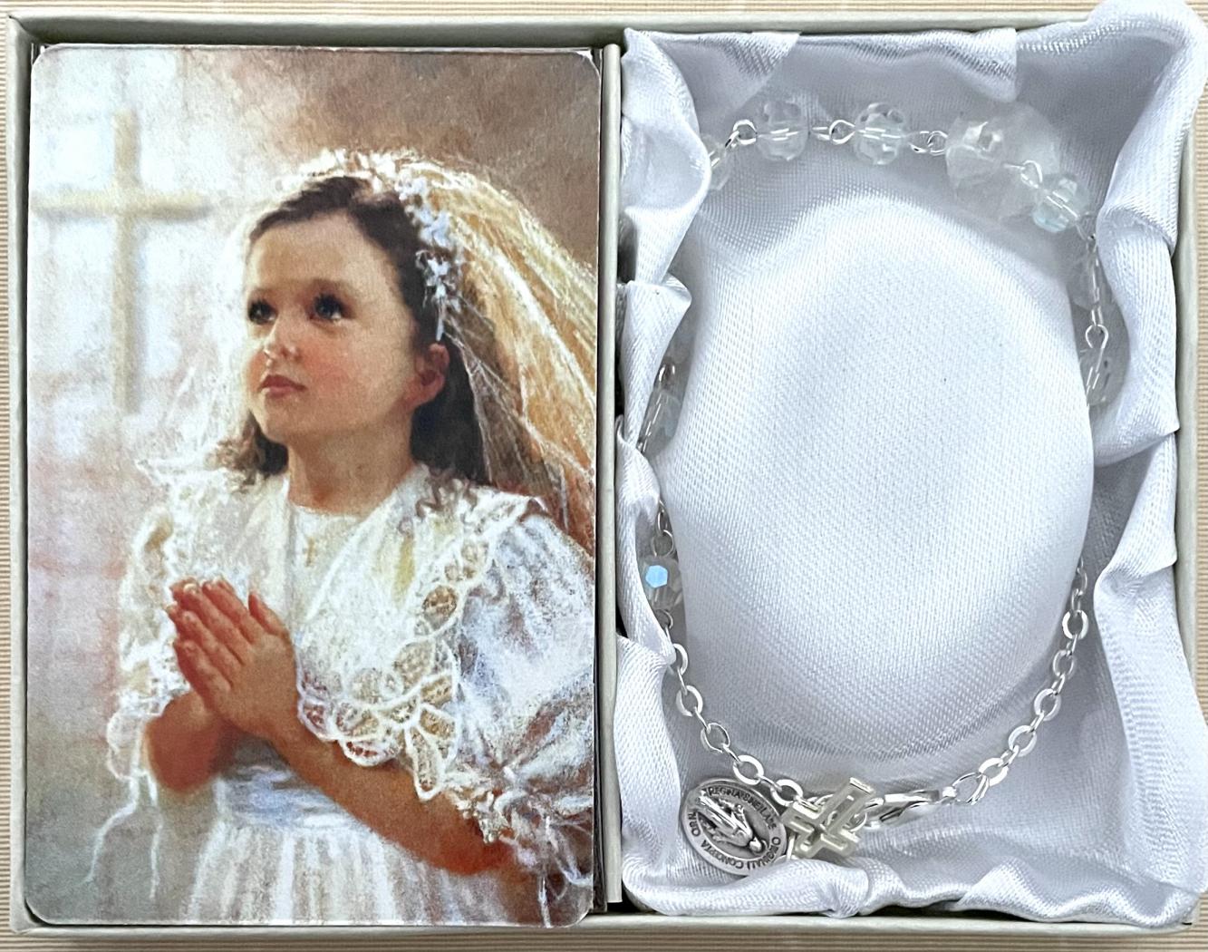 6mm Crystal First Communion Rosary Bracelet Gift Boxed with Prayer Card that can be Personalized