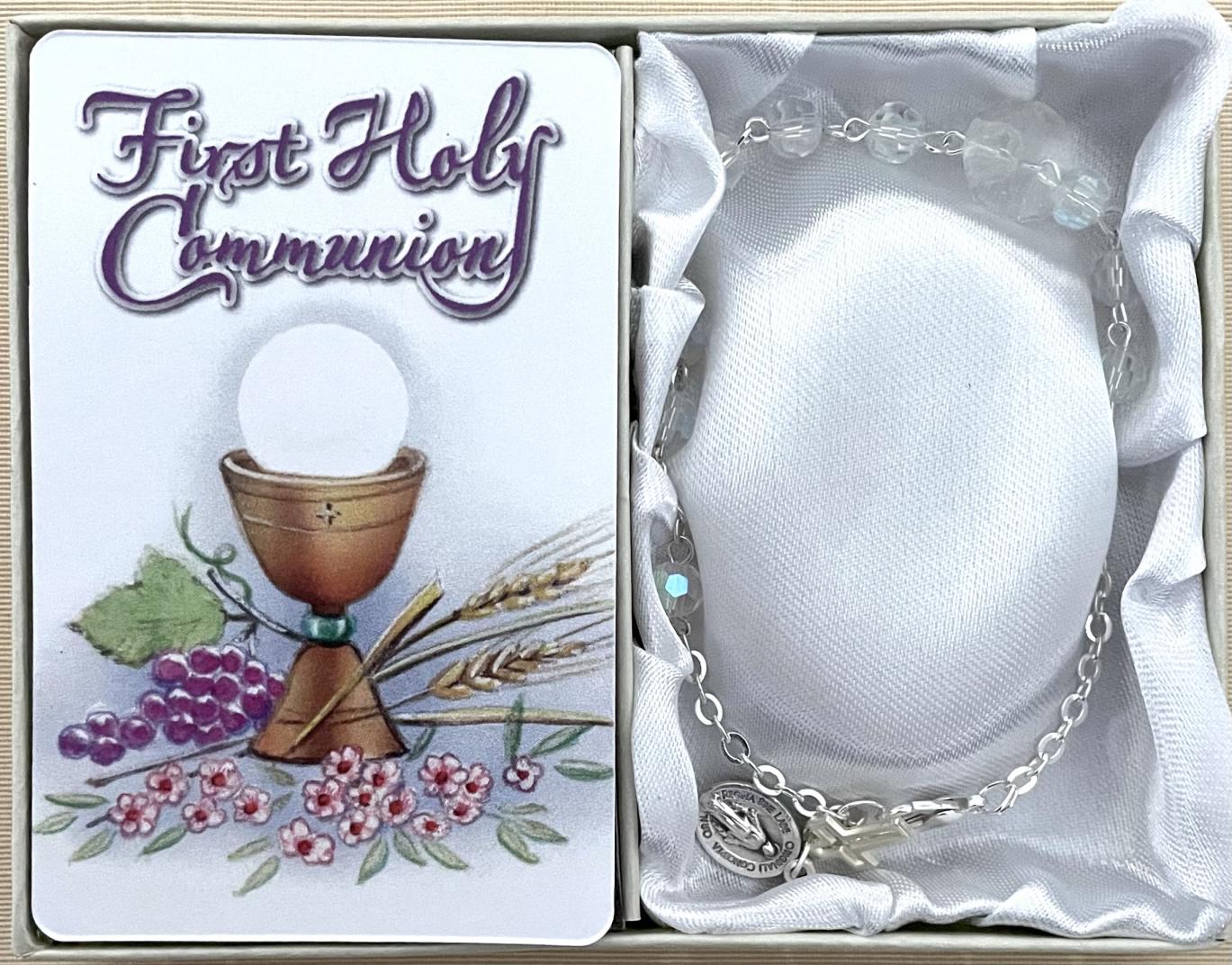 6mm Crystal First Communion Rosary Bracelet Gift Boxed with Prayer Card that can be Personalized