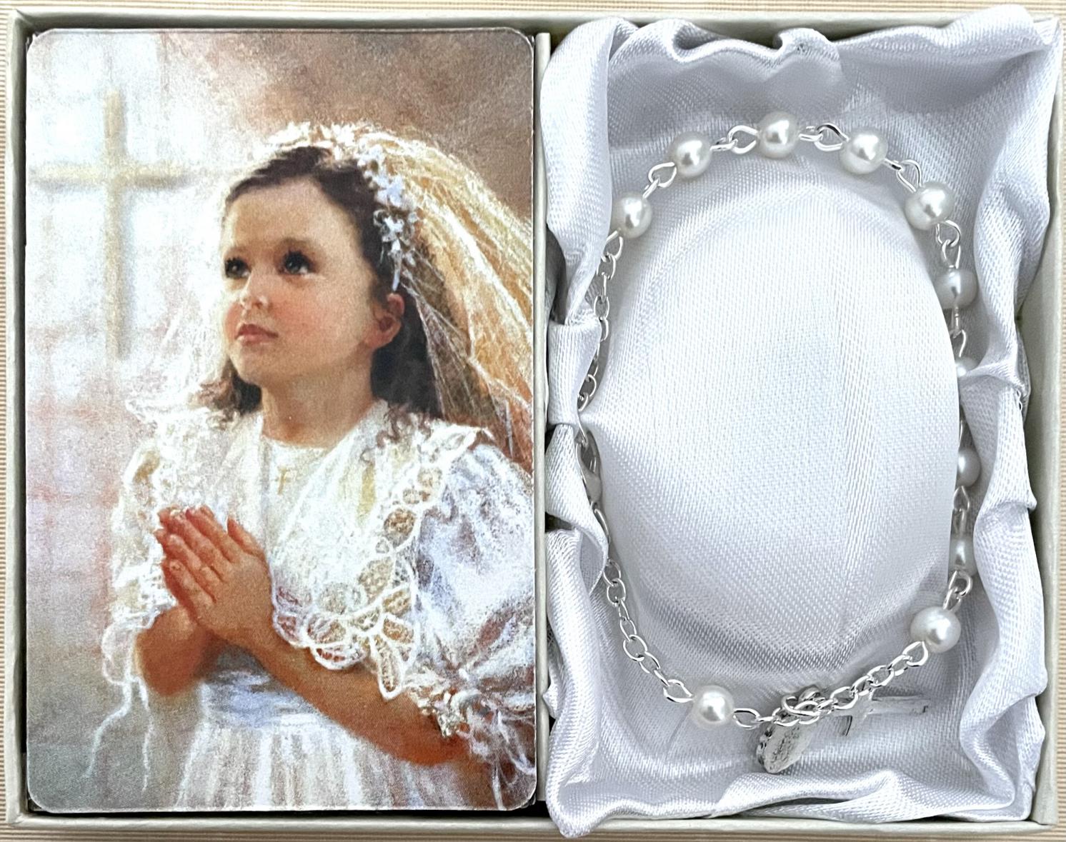 6mm Pearl First Communion Rosary Bracelet Gift Boxed with Prayer Card that can be Personalized