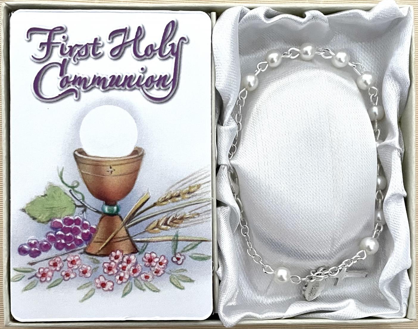 6mm Pearl First Communion Rosary Bracelet Gift Boxed with Prayer Card that can be Personalized