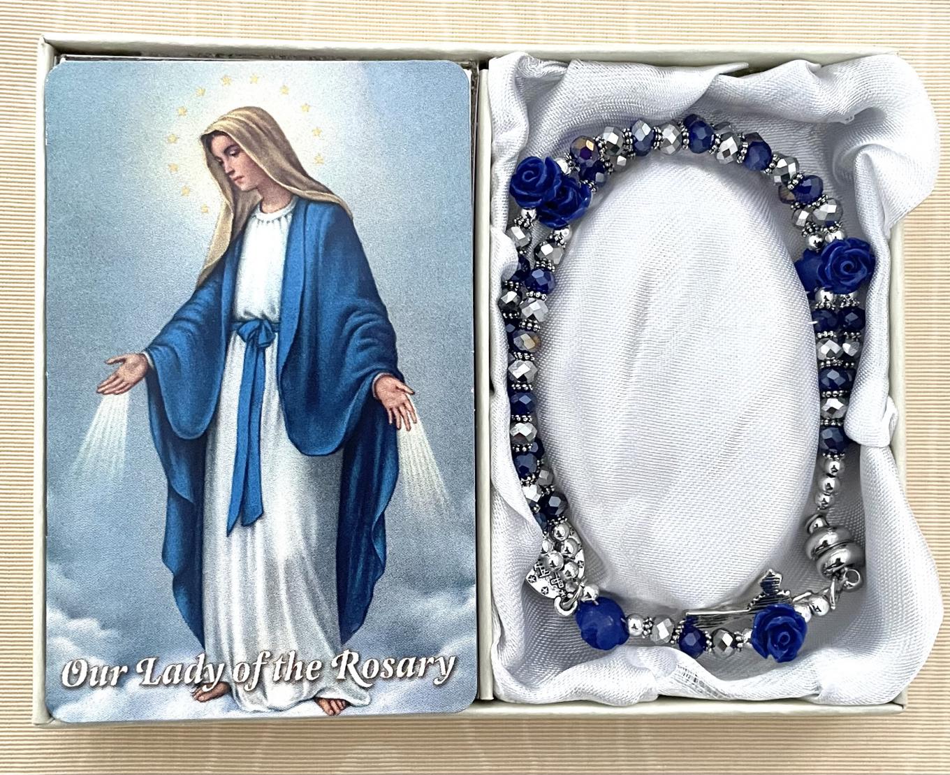 59 BEAD SAPPHIRE ROSARY BRACELET WITH HOW TO SAY THE ROSARY PRAYER CARD GIFT BOXED