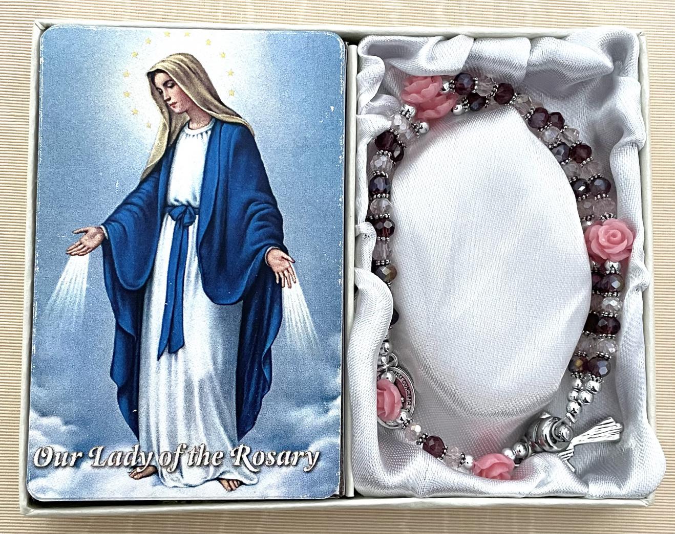 59 BEAD AMETHYST ROSARY BRACELET WITH HOW TO SAY THE ROSARY PRAYER CARD GIFT BOXED