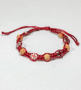 CARVED WOOD BEAD & CROSS RED BRAIDED ROSARY BRACELET