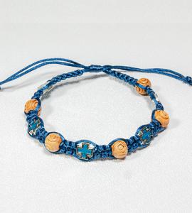 CARVED WOOD BEAD & CROSS BLUE BRAIDED ROSARY BRACELET