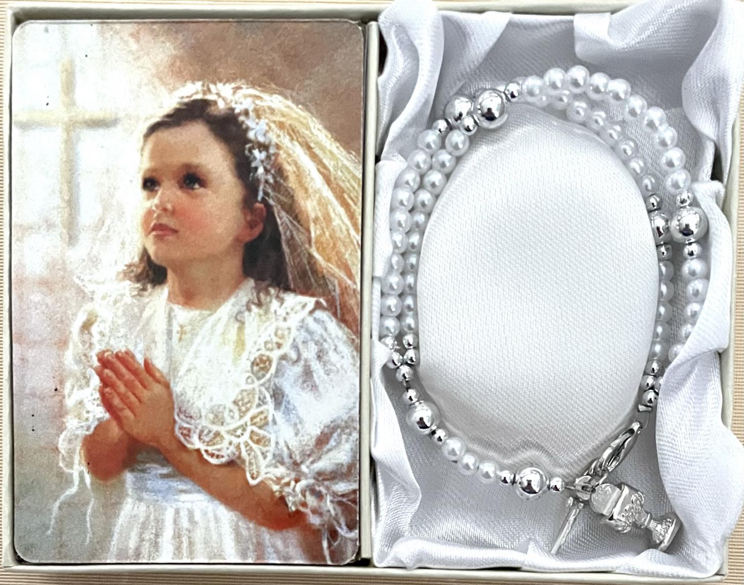 5mm Pearl 59 Bead First Communion Rosary Bracelet Gift Boxed with Prayer Card that can be Personalized