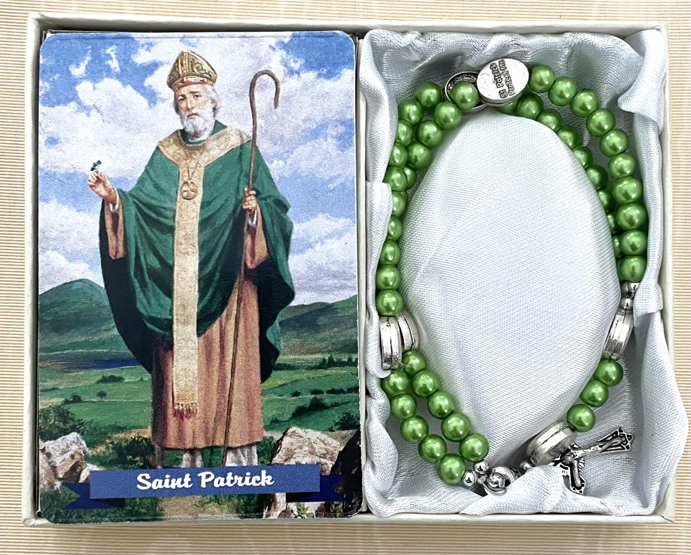 Green Pearl St Patrick 59 Bead Full Rosary Bracelet Gift Boxed with Prayer Card