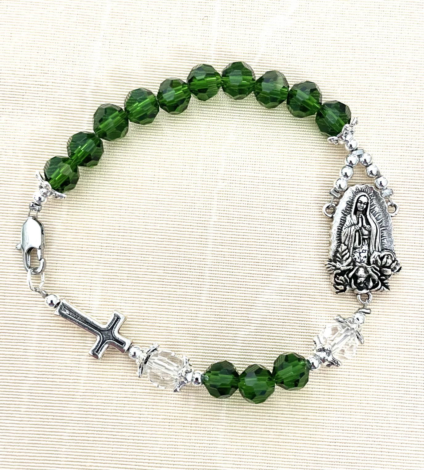 OUR LADY OF GUADALUPE MEDAL AND EMERALD BEAD ROSARY BRACELET