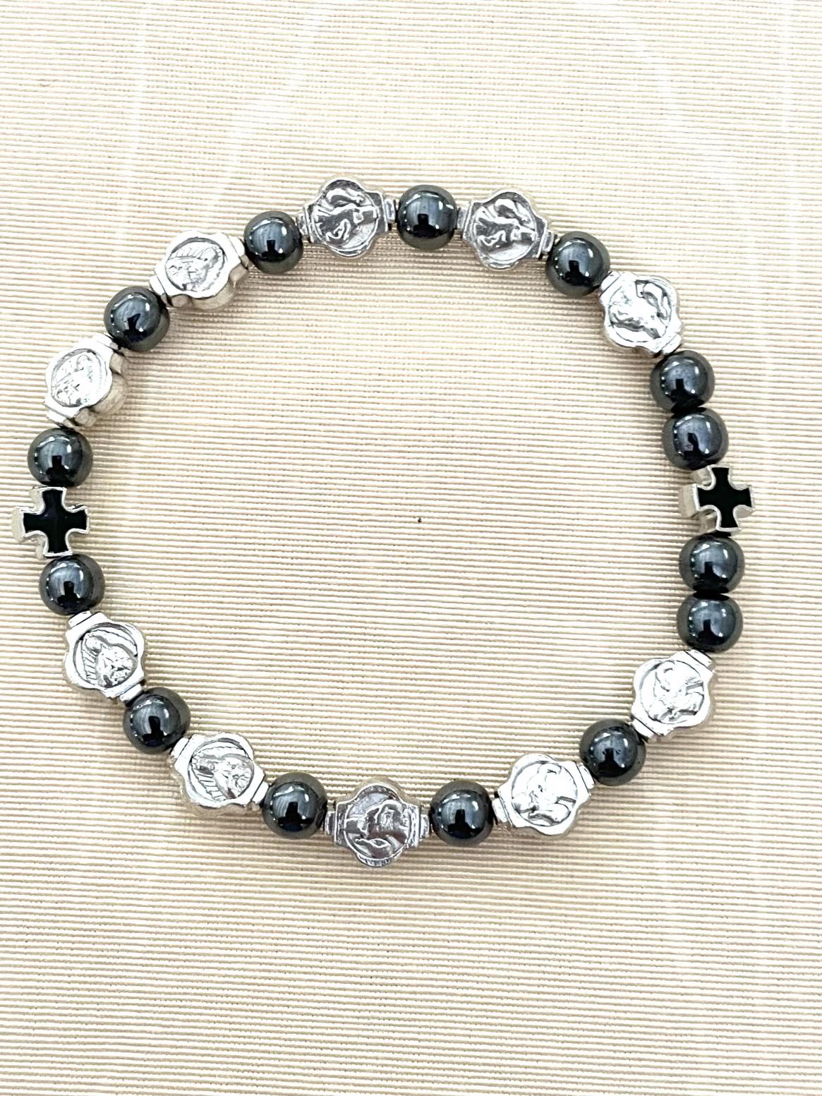 OUR LADY OF GUADALUPE MEDAL AND HEMATITE BEAD ROSARY BRACELET