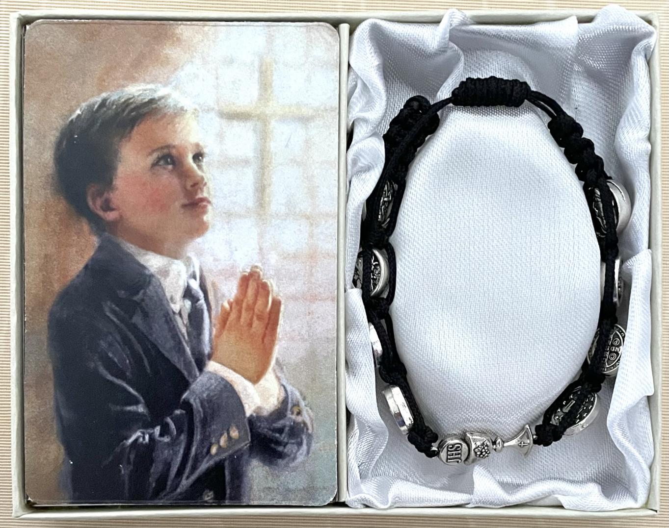 Black First Communion Chalice Macrame Bracelet Gift Boxed with Prayer Card that can be Personalized
