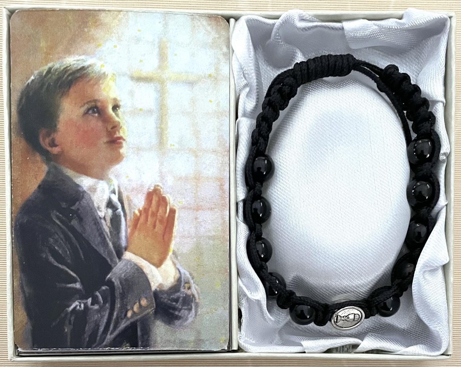 Black First Communion Macrame Rosary Bracelet Gift Boxed with Prayer card that can be Personalized
