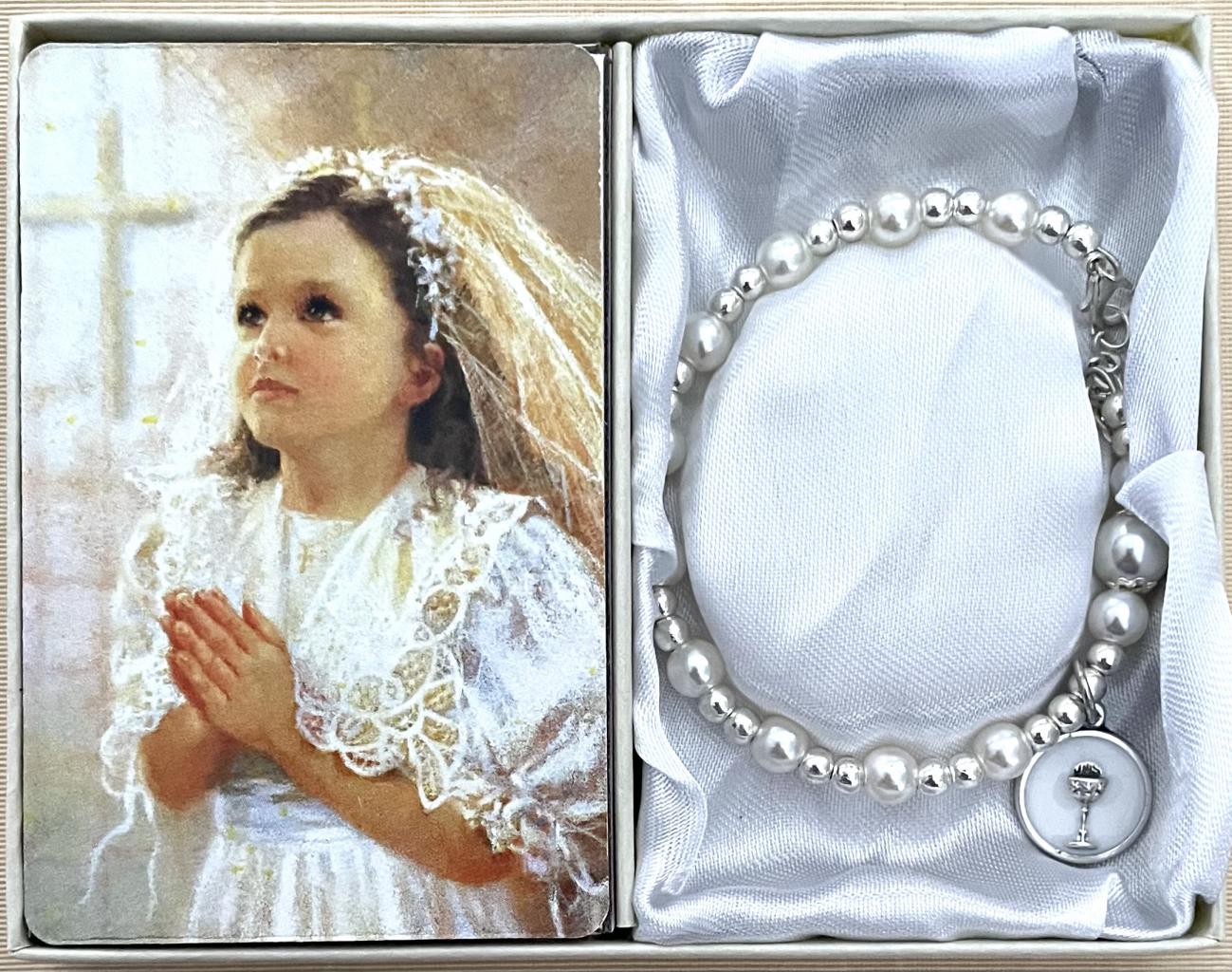 6mm Pearl and Silver First Communion Adjustable Rosary Bracelet with FC Charm Gift Boxed with Prayer Card that can be Personalized