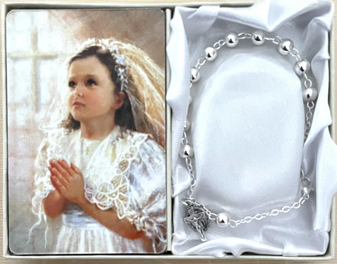 6mm Silver Bead First Communion Rosary Bracelet Gift Boxed with Prayer Card that can be Personalized