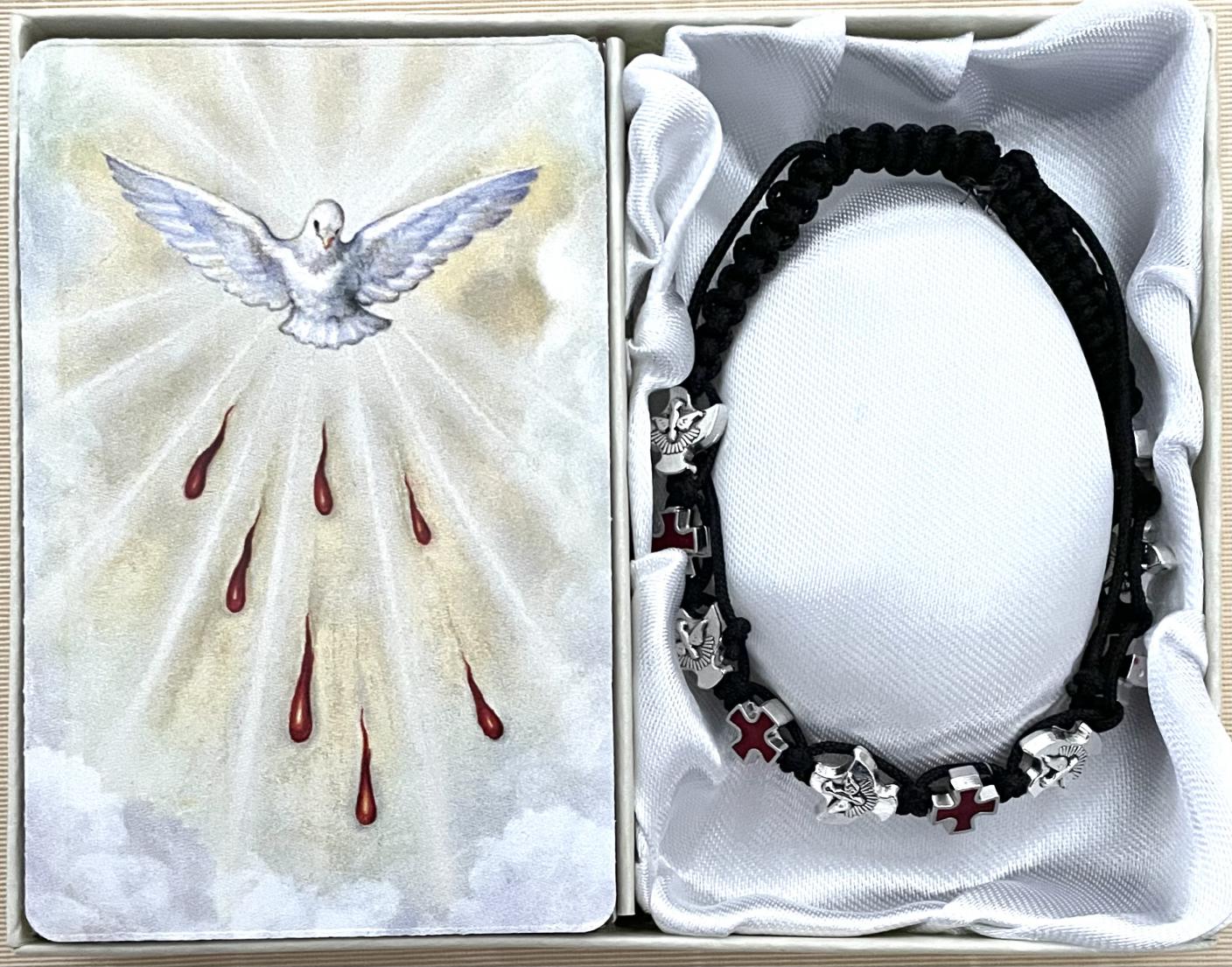 Dove and Cross Confirmation Black Macrame Bracelet Gift Boxed with Prayer Card that can be Personalized