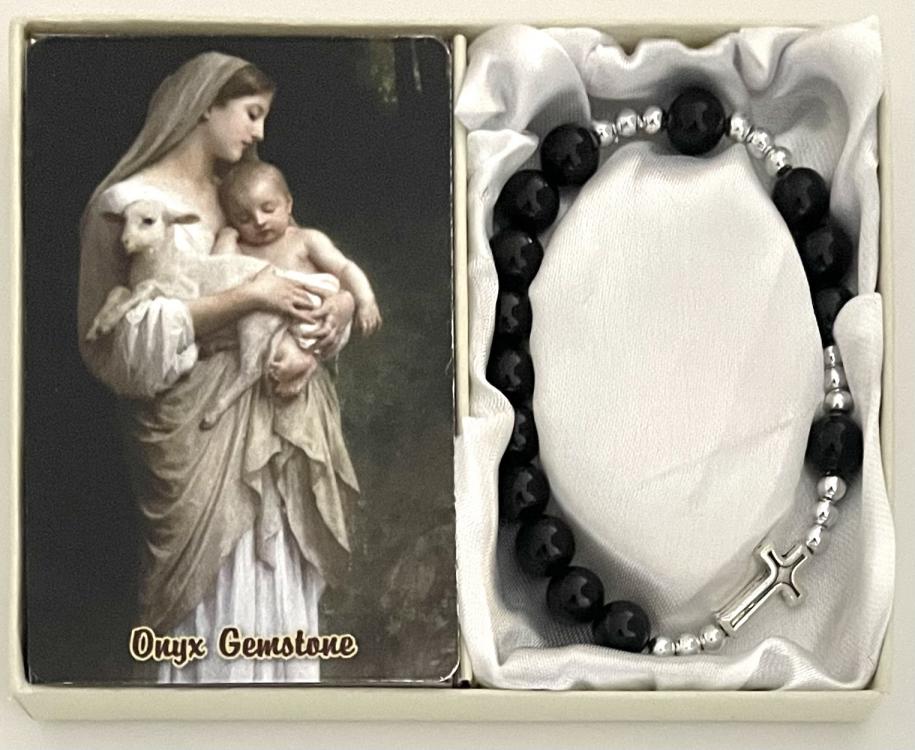 8mm ONYX GEMSTONE STRETCH ROSARY BRACELET with PRAYER CARD GIFT BOXED