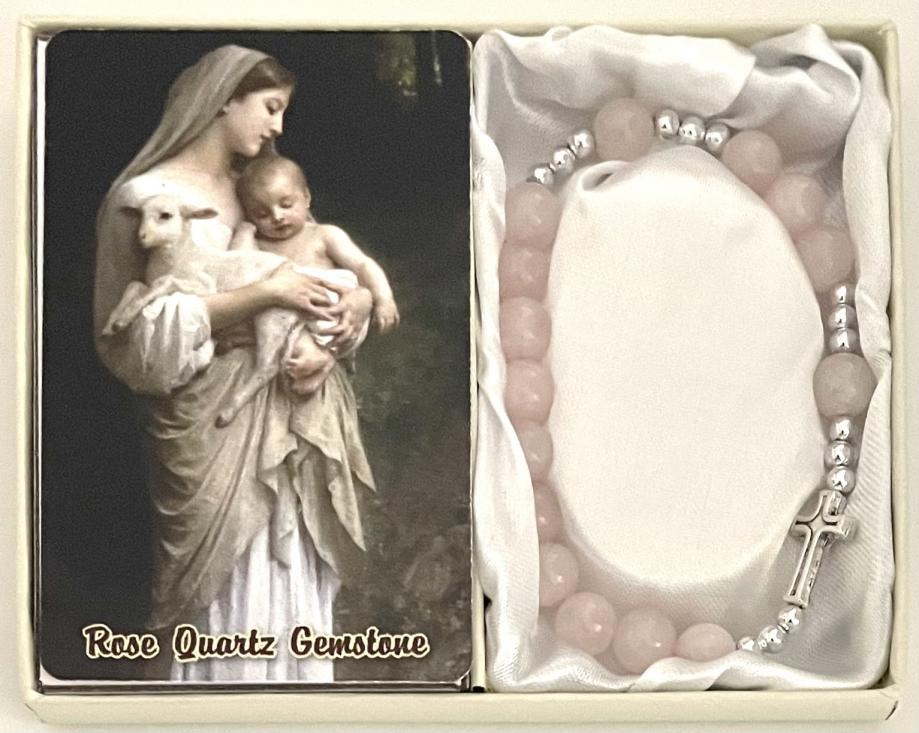 8mm ROSE QUARTZ GEMSTONE STRETCH ROSARY BRACELET with PRAYER CARD GIFT BOXED