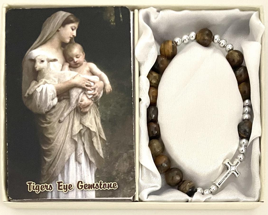 8mm TIGERS EYE GEMSTONE STRETCH ROSARY BRACELET with PRAYER CARD GIFT BOXED