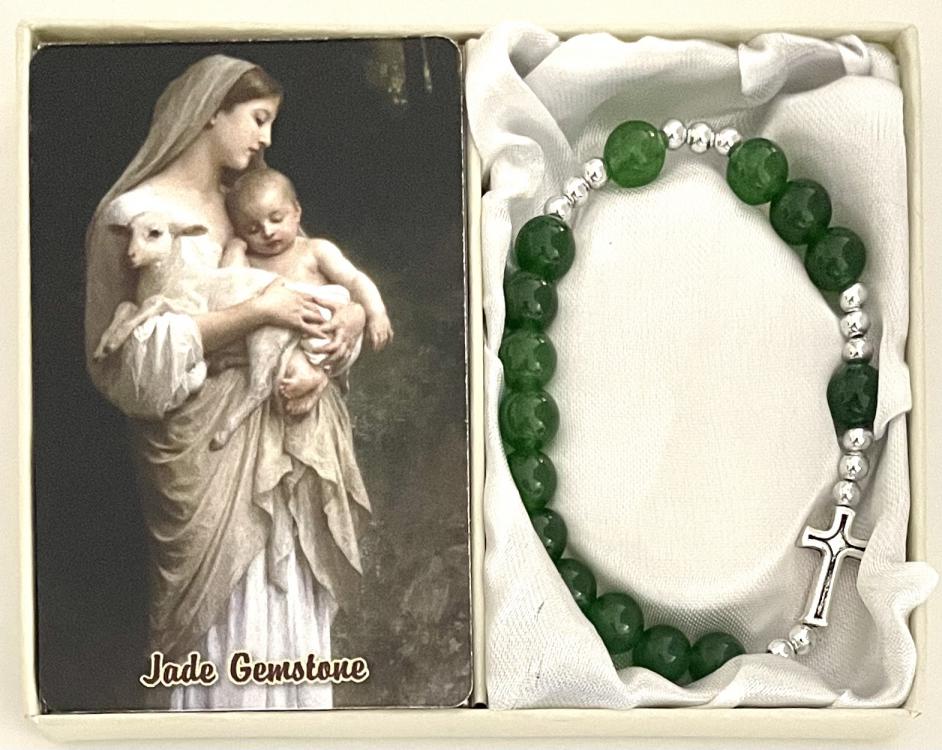 8mm JADE GEMSTONE STRETCH ROSARY BRACELET with PRAYER CARD GIFT BOXED