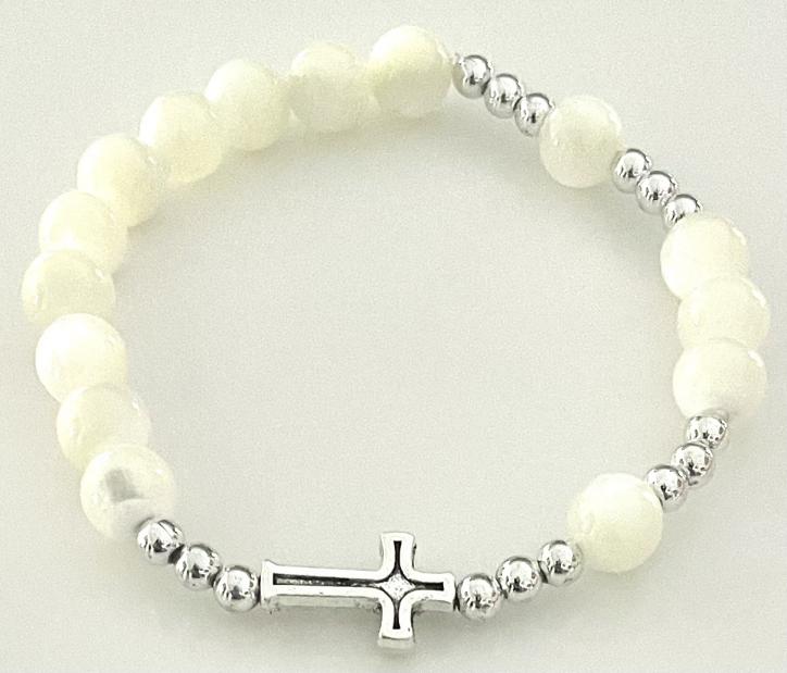 8mm MOTHER OF PEARL GEMSTONE STRETCH ROSARY BRACELET