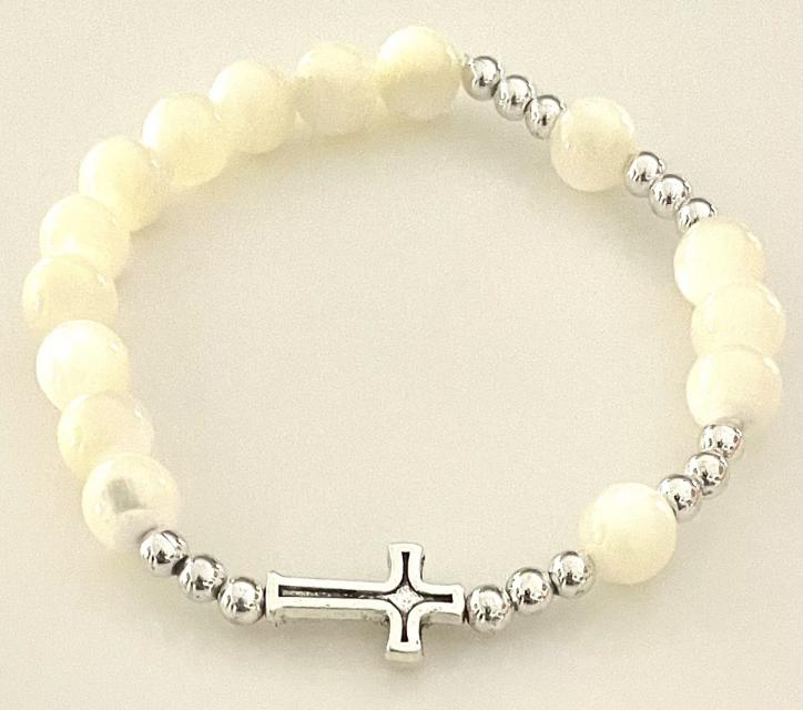 8mm MOTHER OF PEARL GEMSTONE STRETCH ROSARY BRACELET