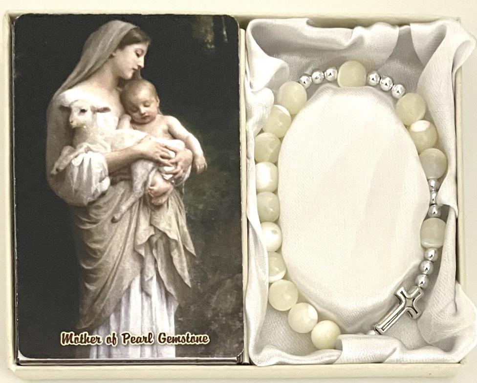 8mm MOTHER OF PEARL GEMSTONE STRETCH ROSARY BRACELET with PRAYER CARD GIFT BOXED