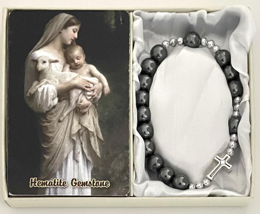 8mm HEMATITE GEMSTONE STRETCH ROSARY BRACELET with PRAYER CARD GIFT BOXED