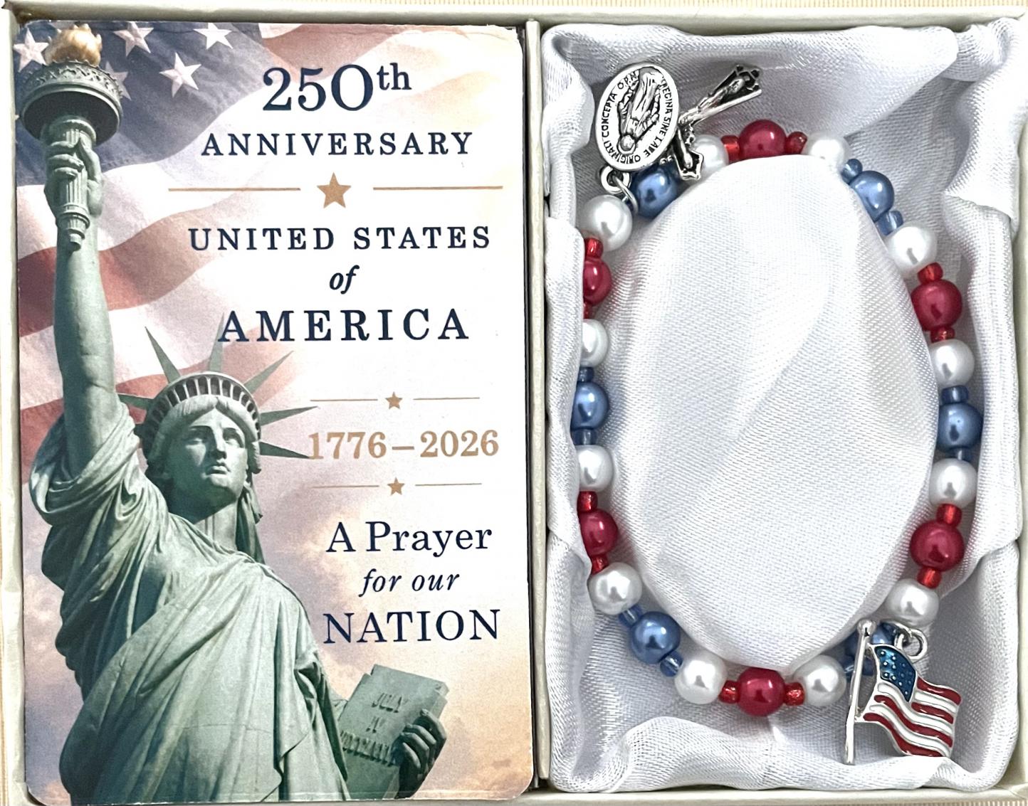 250th Anniversary USA 6mm Pearl Bracelet with Prayer Card Gift Boxed 250th Anniversary USA 6mm Pearl Bracelet with Prayer Card Gift Boxed